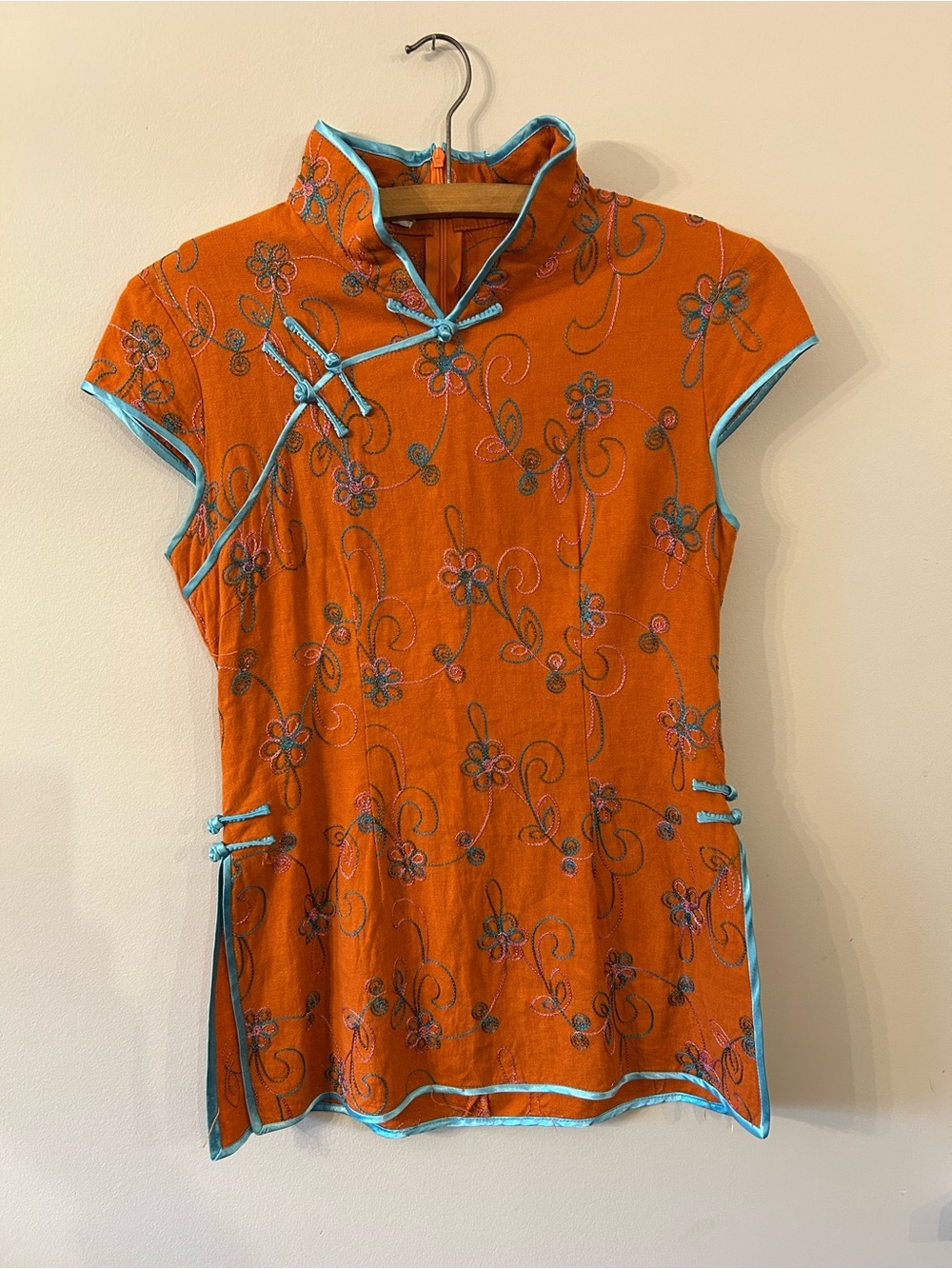 90s / Y2K Chinoiserie Dragon Silk Hangzhou Orange Embroidered Top | M (Fits S) - Picture 1 of 7